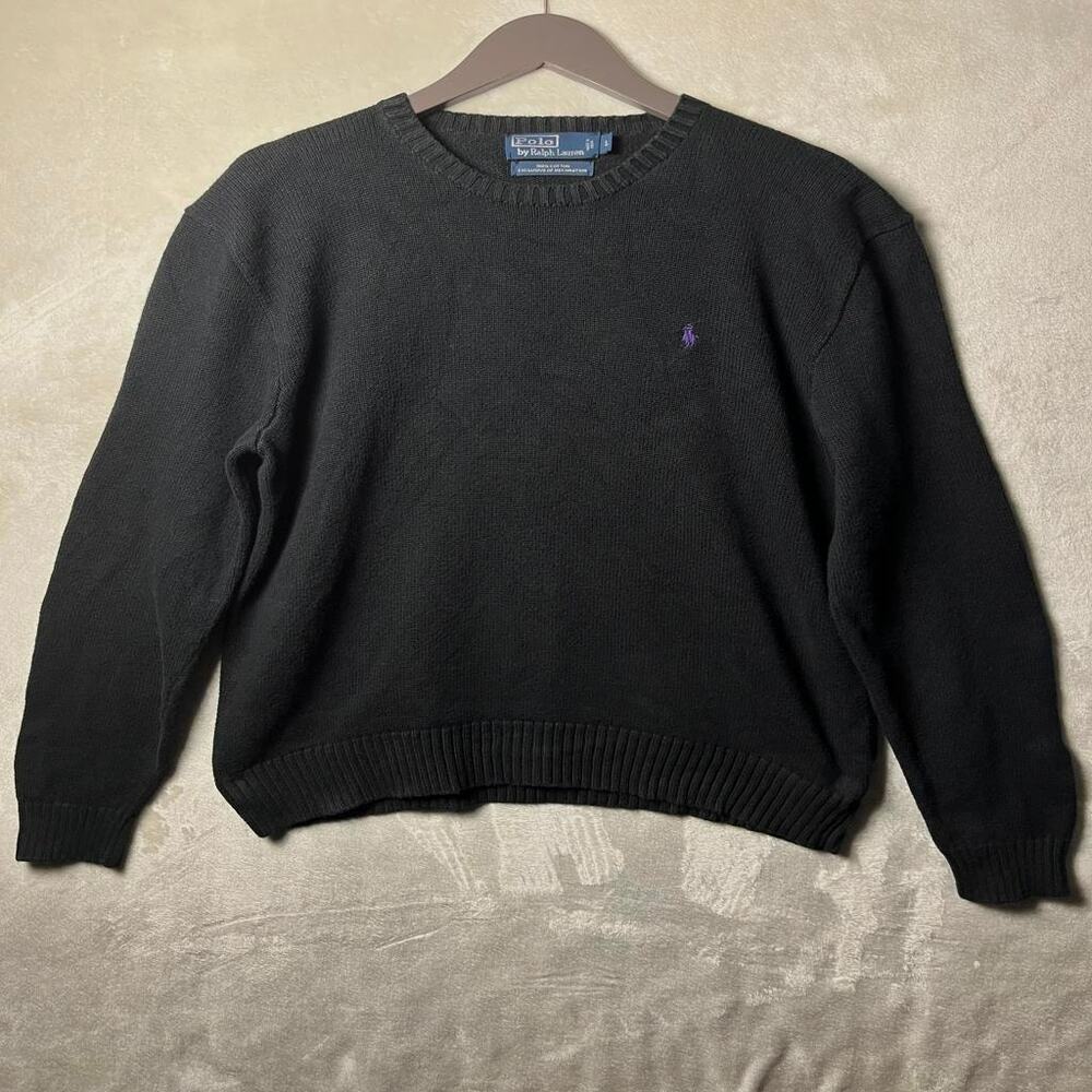 VTG 90s Ralph Lauren Polo Cotton Knit Crewneck Sweater Men's L Black Purple Pony